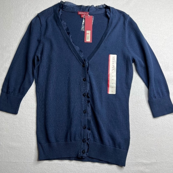 NWT Merona Blue Ruffle Cotton Quarter Sleeve V Neck Button Sweater Size XS - Picture 1 of 11